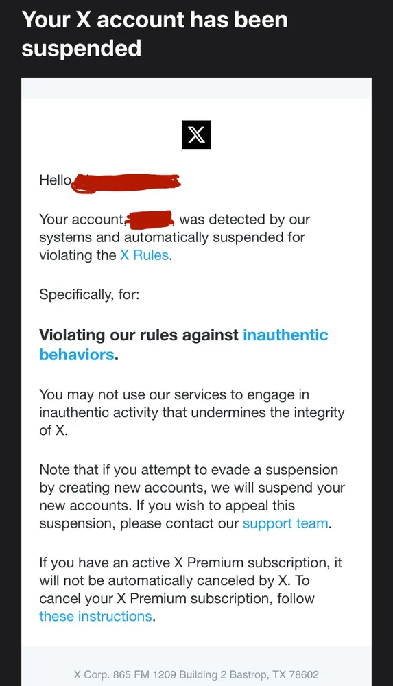 An account suspension notice from Twitter