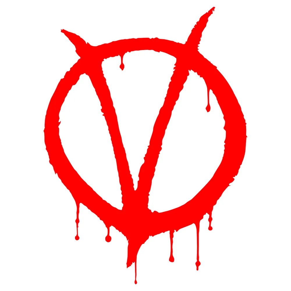 A stylized red painted letter V in a dripping circle. The graffiti from the comic “V for Vendetta.”